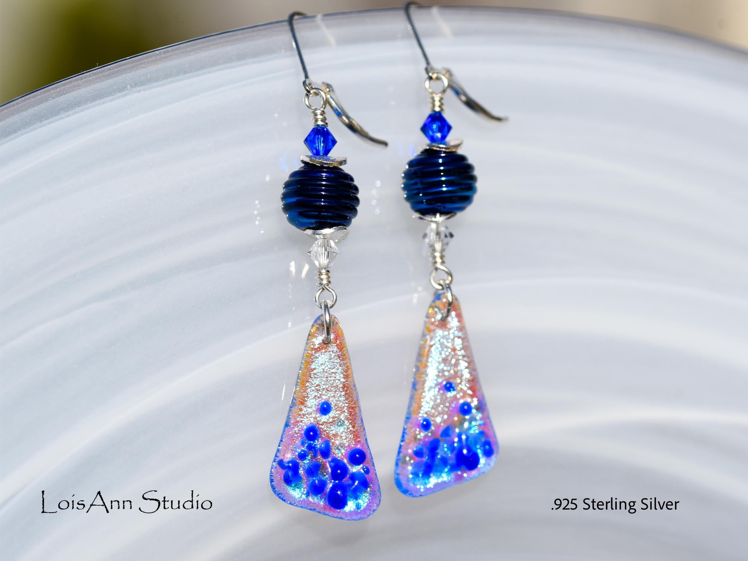 Sapphire Blue Dichroic Sterling Silver Dangle Earrings