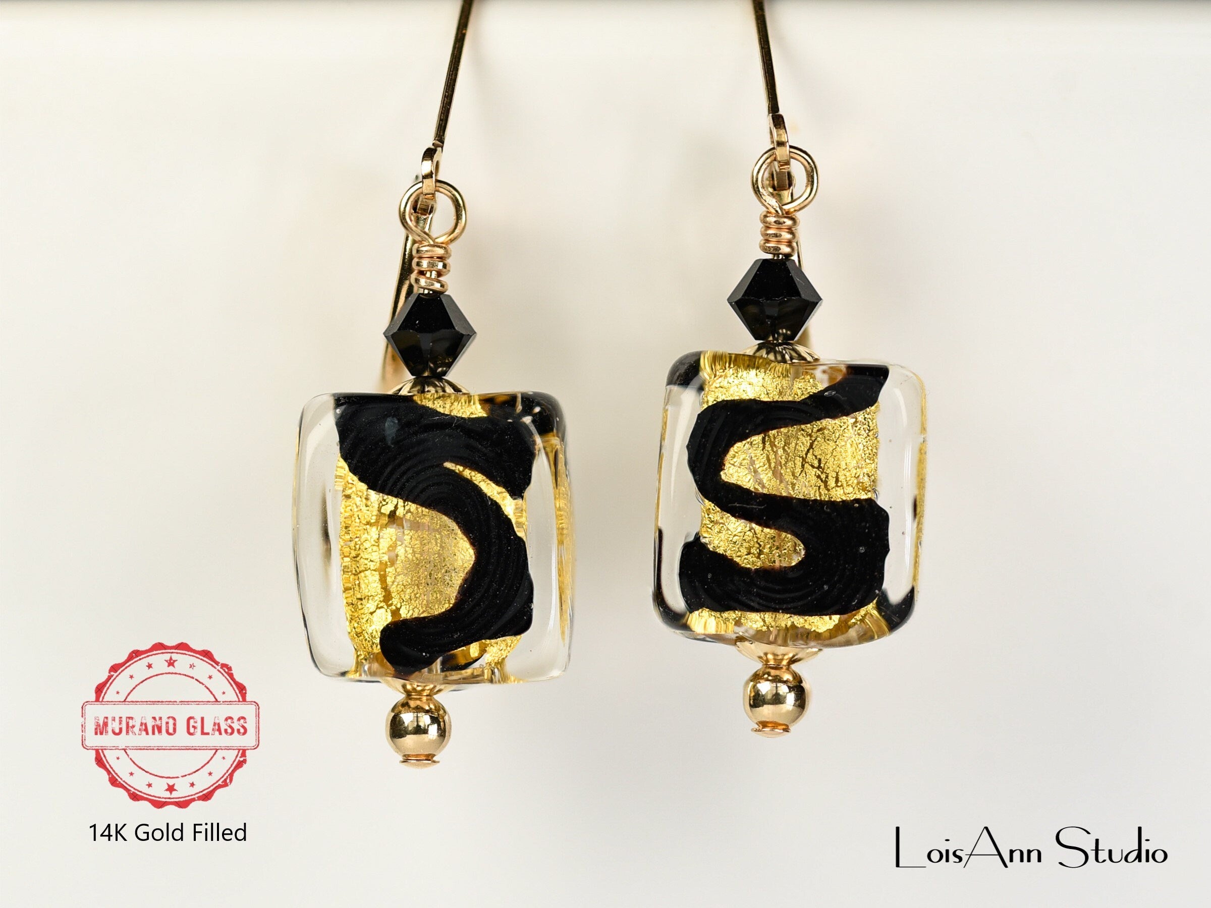 Murano Glass Earrings: 24kt Gold & Black, 14kt Gold Filled Leverbacks