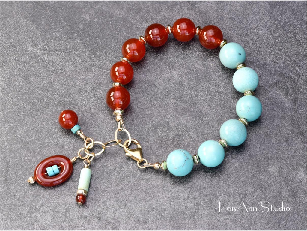 Carnelian and Turquoise Bracelet: 14kt Gold Filled Beaded Charm Bracelet