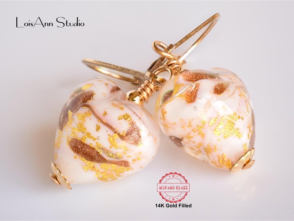 Pink Murano Heart Earrings: 14kt Gold Filled, Venetian Glass