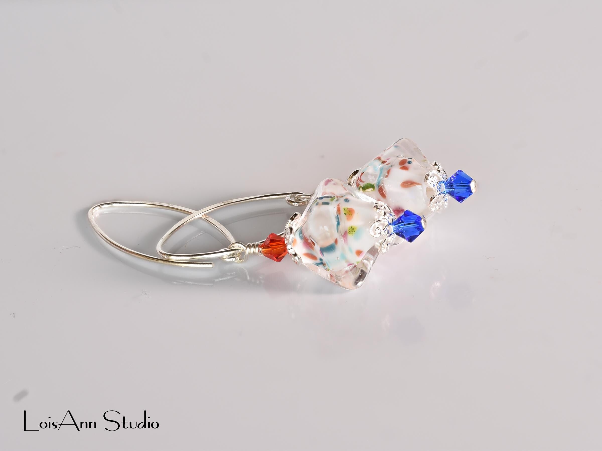 Confetti Colored Glass Beaded Earrings, Artisan Glass, Sterling Silver, Gift for Her