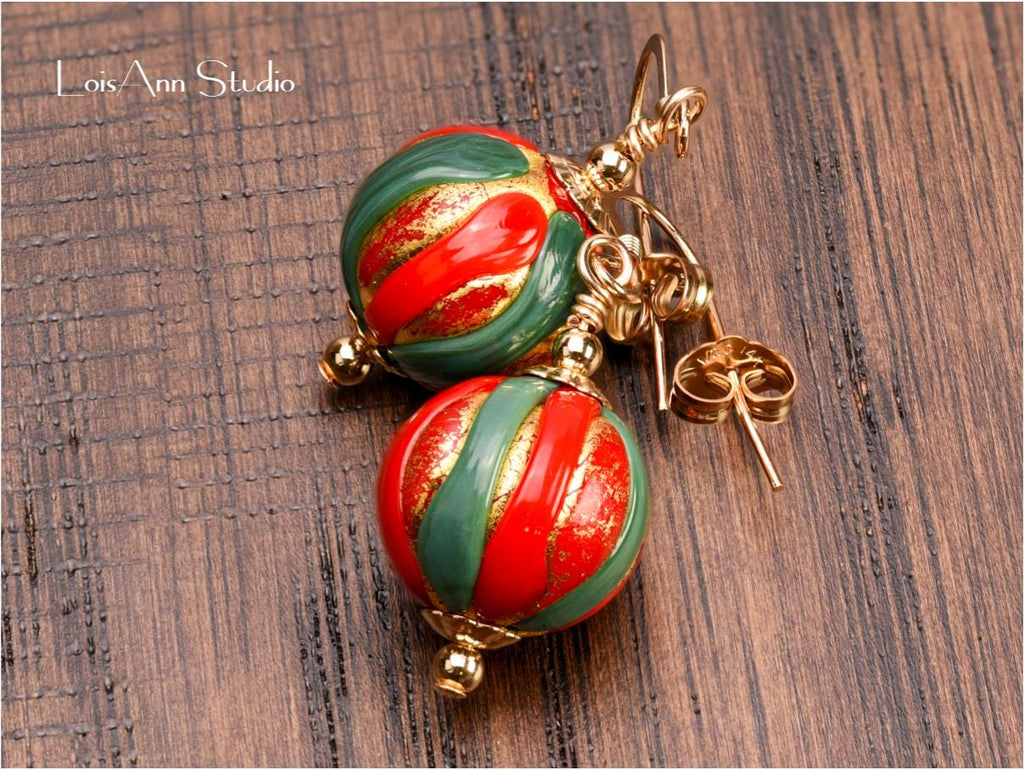 Murano Glass Christmas Earrings: Red Green Gold, 14kt Gold Filled