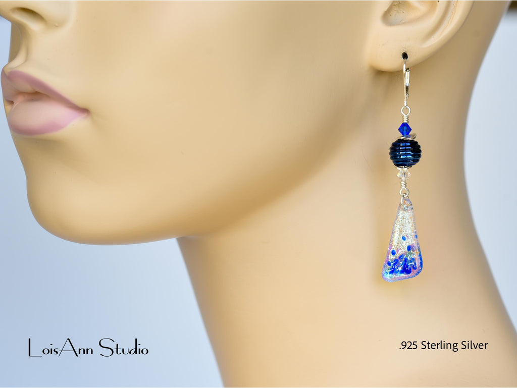 Sapphire Blue Dichroic Sterling Silver Dangle Earrings