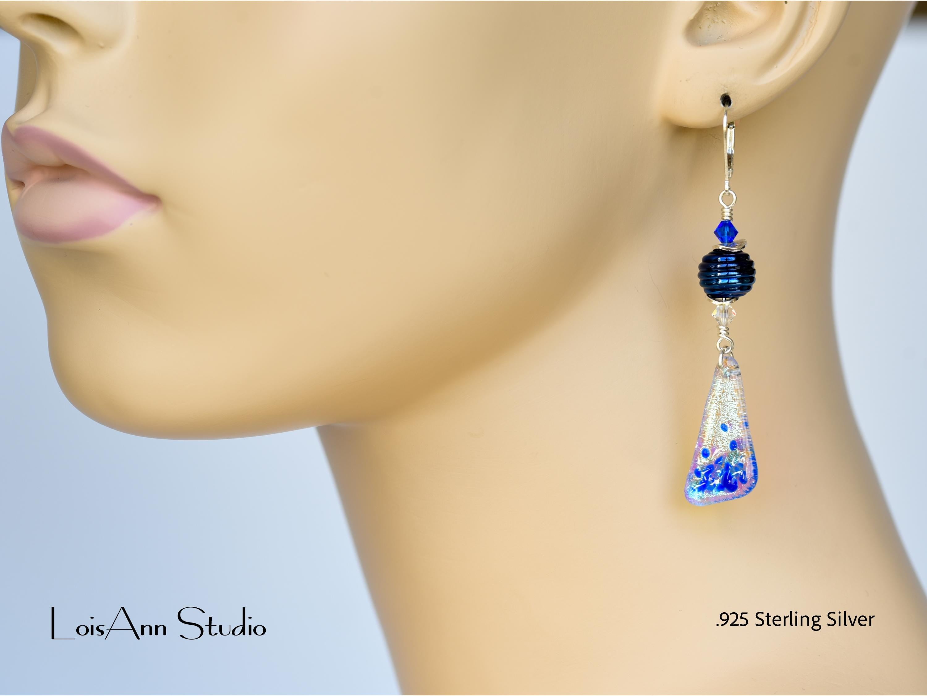 Sapphire Blue Dichroic Sterling Silver Dangle Earrings