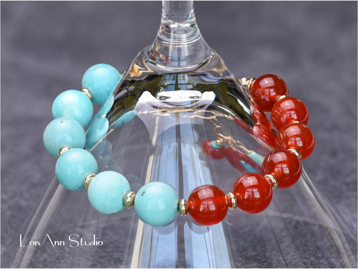 Carnelian and Turquoise Bracelet: 14kt Gold Filled Beaded Charm Bracelet