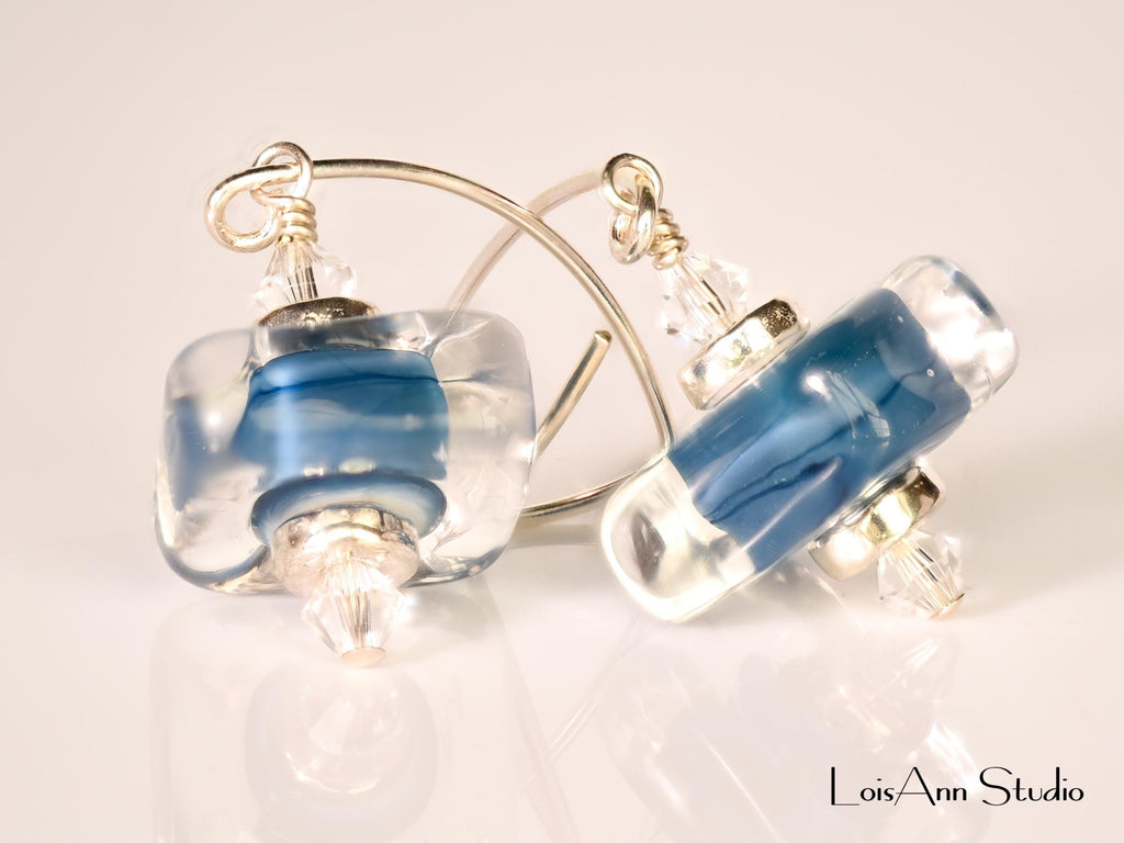 Lampwork Glass Earrings: Smoky Blue Artisan Beads, Handmade, Sterling Silver