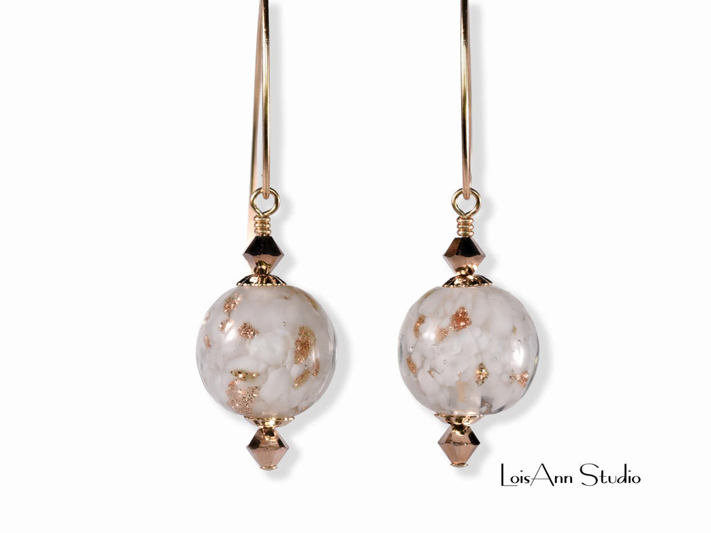 Murano Glass Beaded Earrings: White, Aventurina, 14K Gold Filled