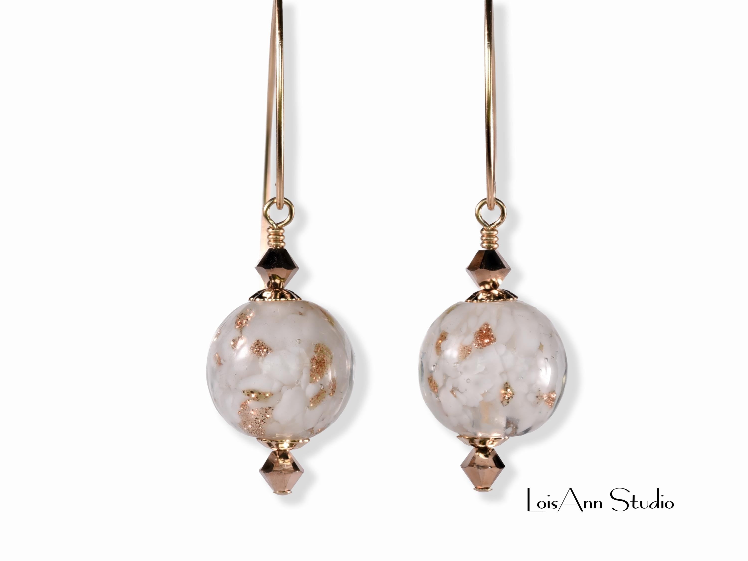 Murano Glass Beaded Earrings: White, Aventurina, 14K Gold Filled