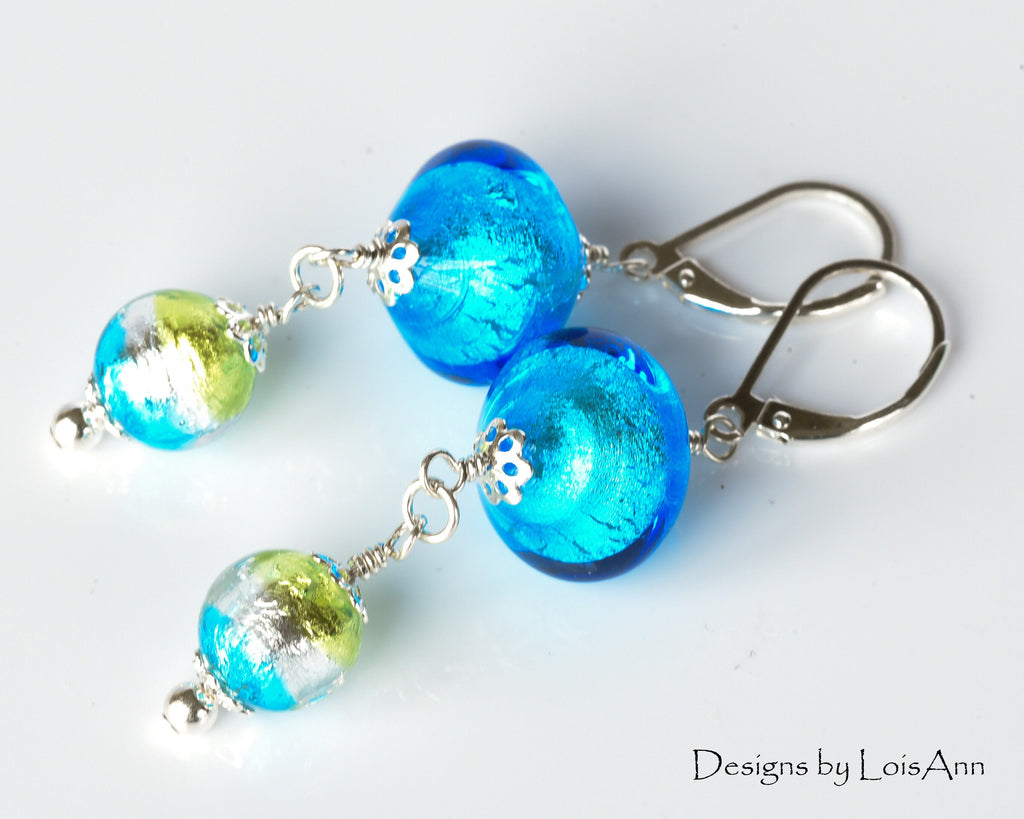 Lampwork Murano Glass Earrings: Sterling Silver, Aqua Blue & Gold