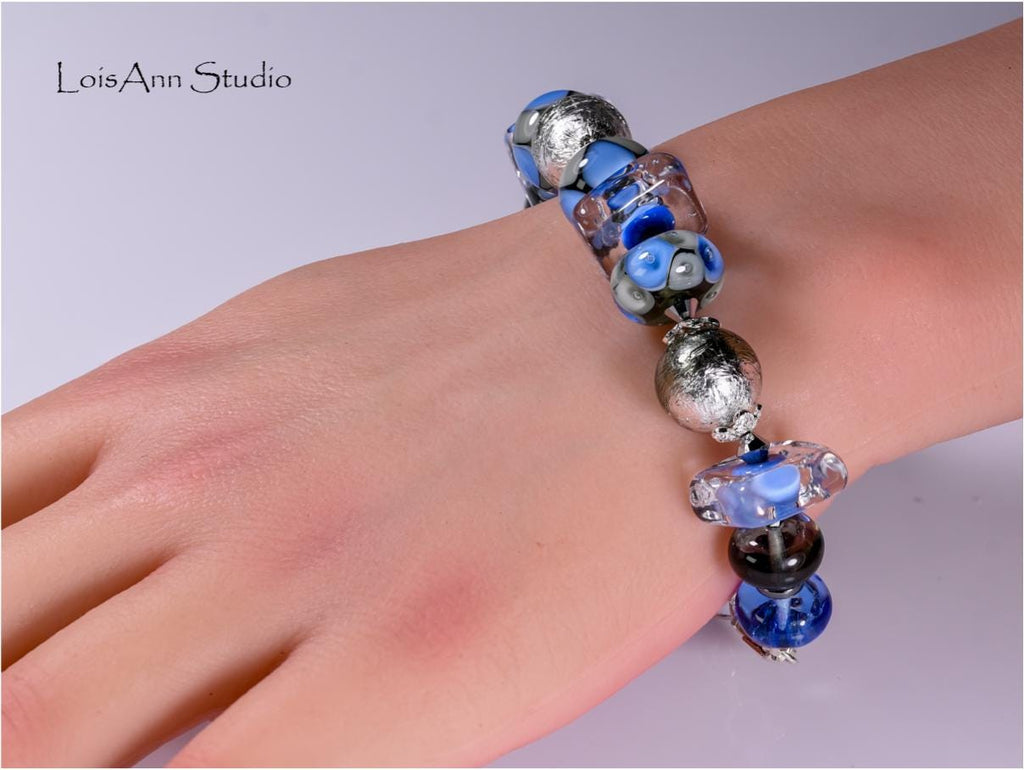 Blue Lampwork Glass Bracelet: Sterling Silver, Adjustable Artisan Jewelry