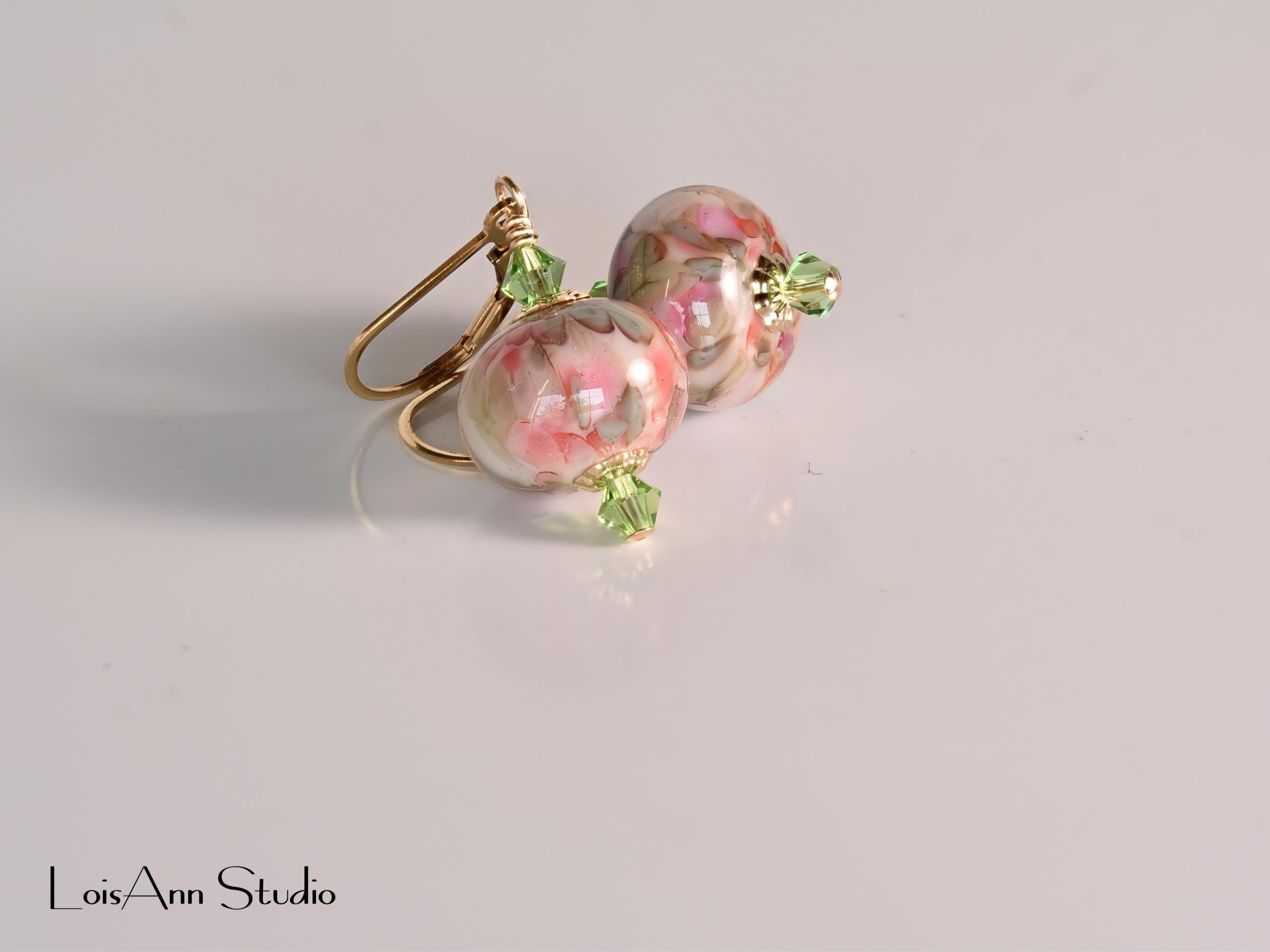 1-1/2 Inch Peach Lampwork Earrings, Handmade Glass, Artisan, 14K Gold Filled Earrings