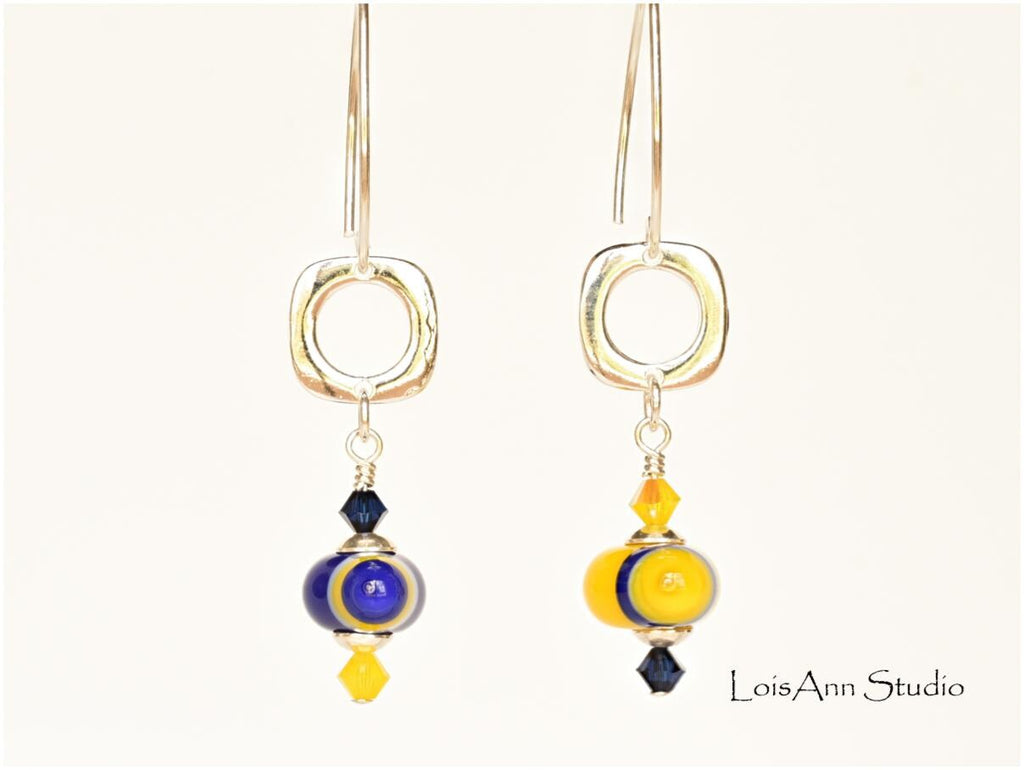 Lampwork Glass Earrings: Funky Mismatched Sterling Silver Jewelry, Navy Blue and Yellow