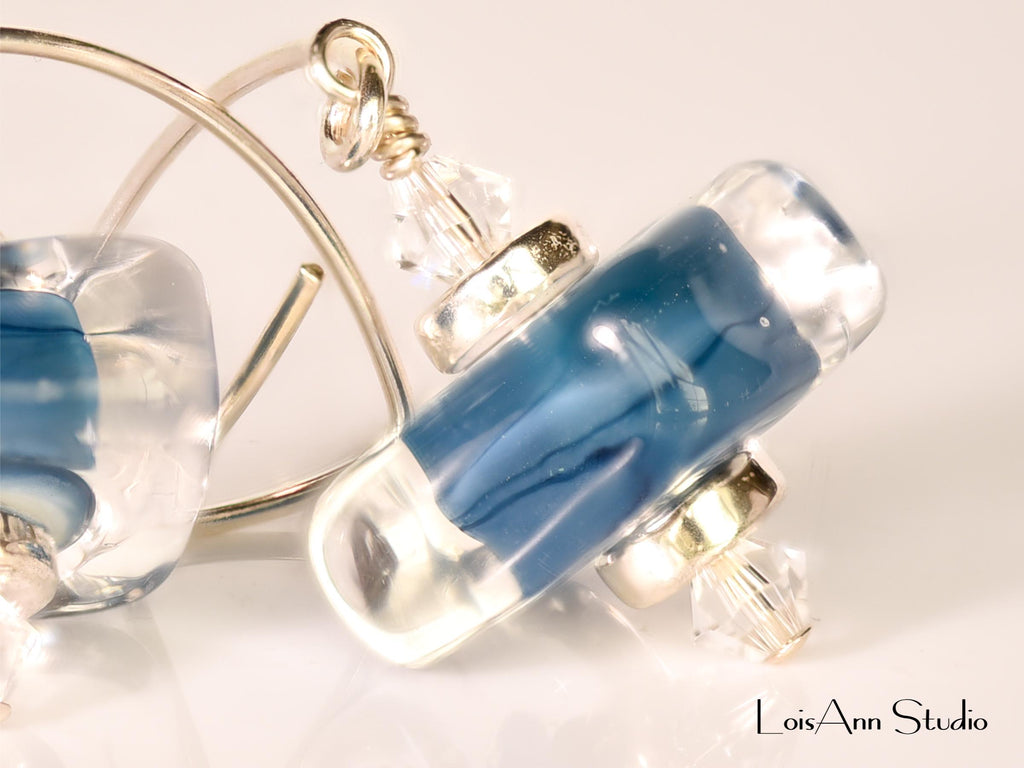 Lampwork Glass Earrings: Smoky Blue Artisan Beads, Handmade, Sterling Silver