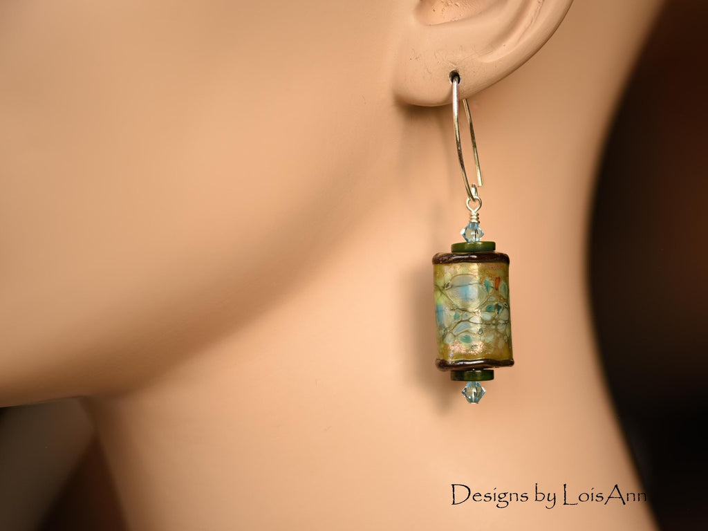 Green Lampwork Beaded Earrings:  Olive Green and Turquoise Blue, Sterling Silver