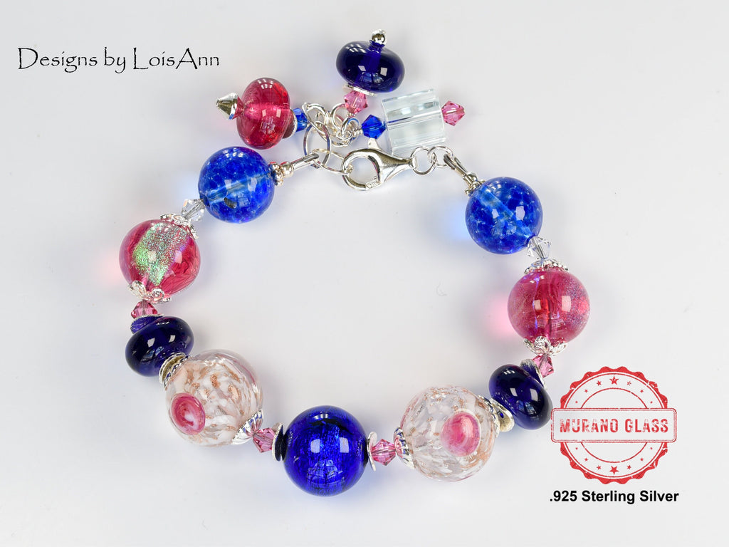 Lampwork Murano Glass Bracelet: Cobalt Blue, Pink, Sterling Silver