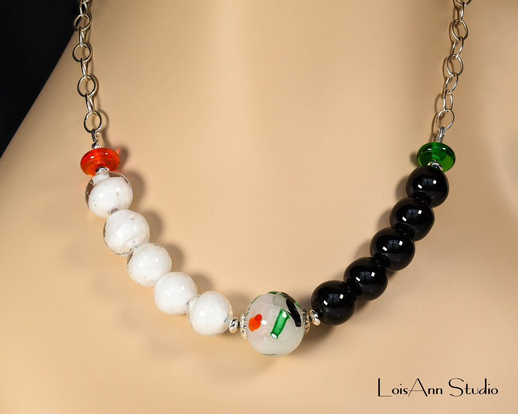Statement Necklace, Black and White Necklace, Color Block Style, 18 inches, Lampwork Jewelry