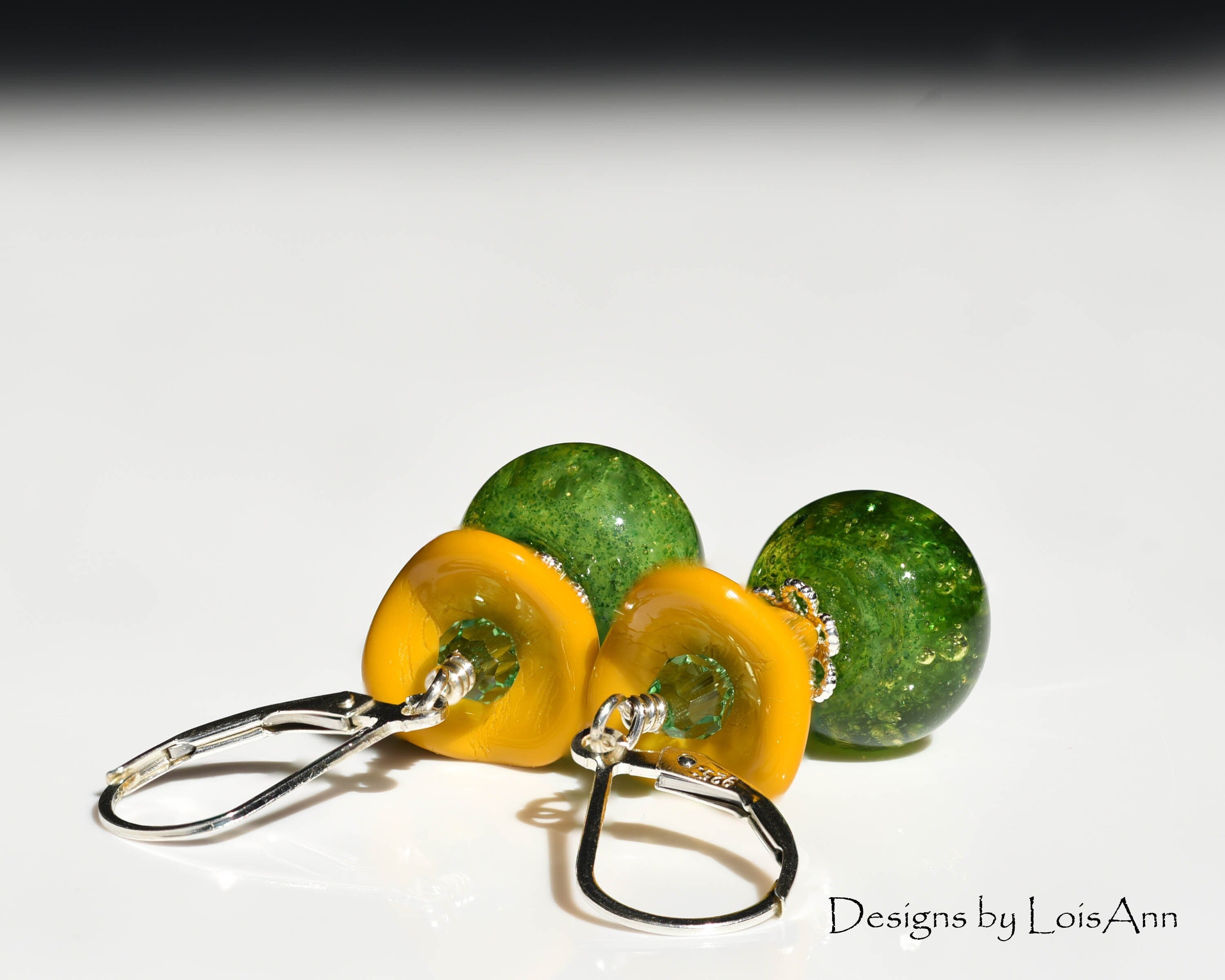 Lampwork Sterling Silver Earrings: Green Aventurine, Yellow Flower Beads