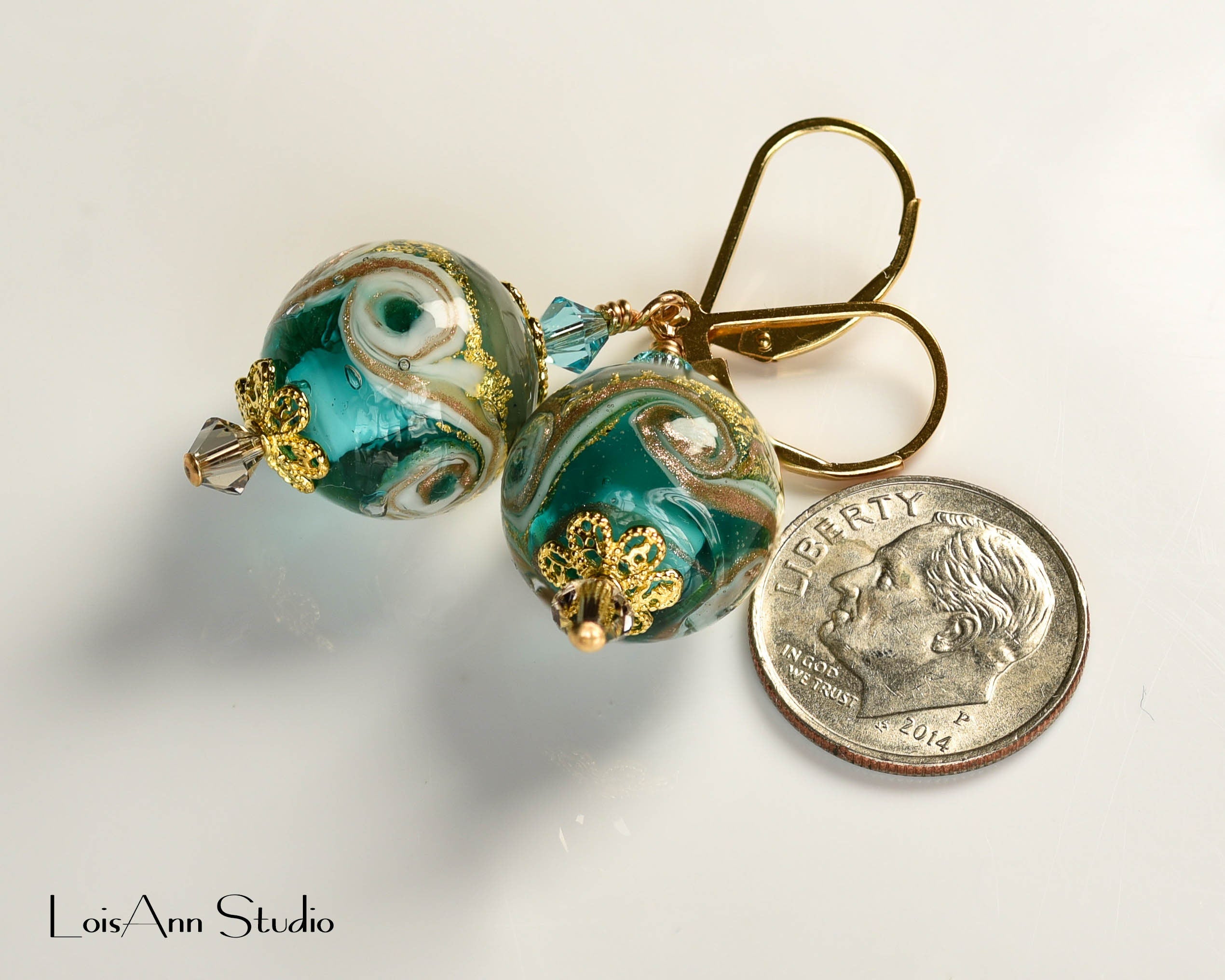 Murano Glass Lampwork Earrings: Sea Green & Smokey Gray, 14kt Gold Filled, Gift for Her