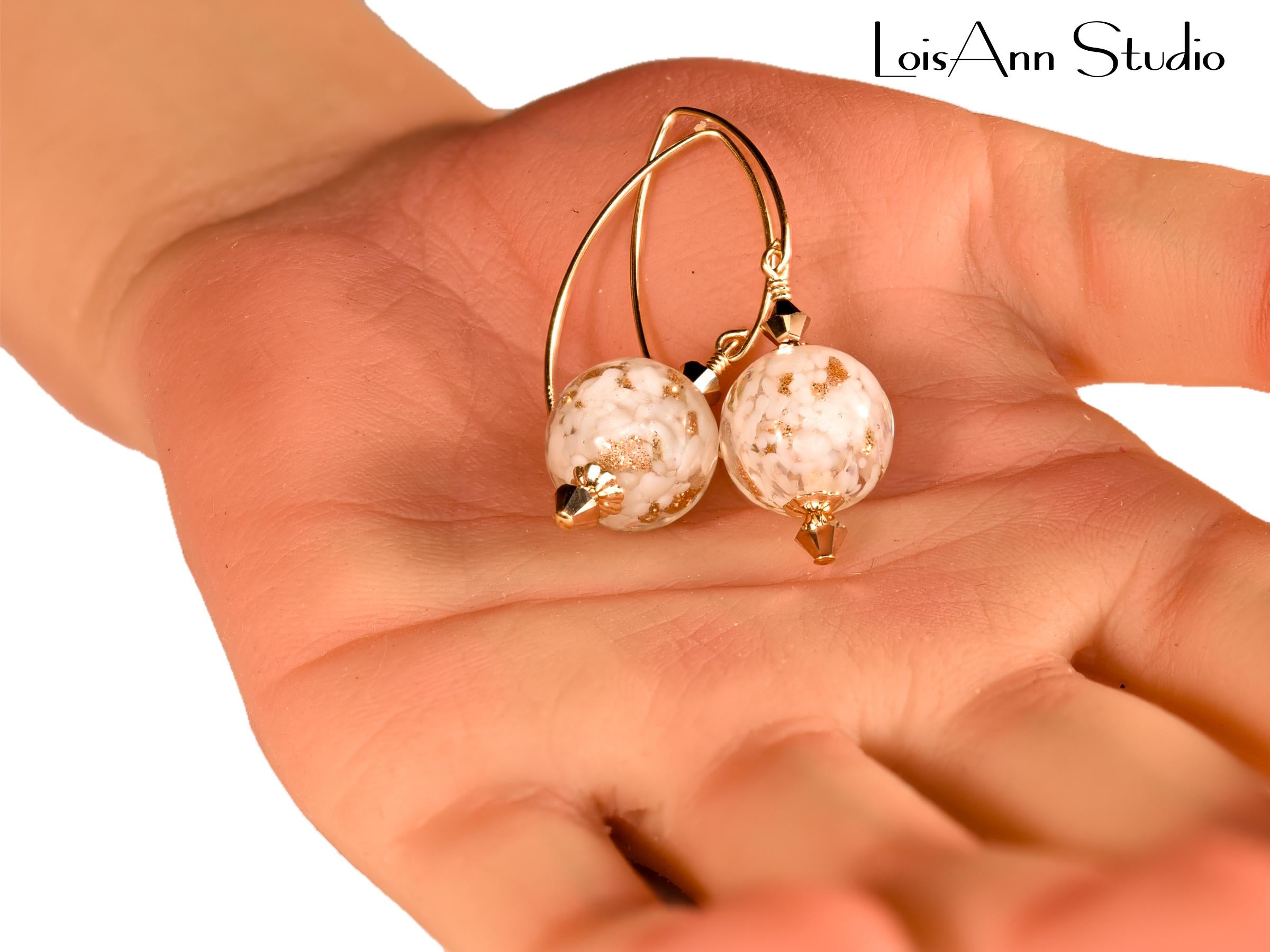 Murano Glass Beaded Earrings: White, Aventurina, 14K Gold Filled