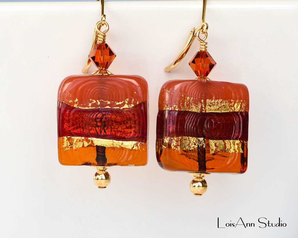 Dark Amber Tricolor Square Murano Beaded Earrings, 14kt Gold Filled
