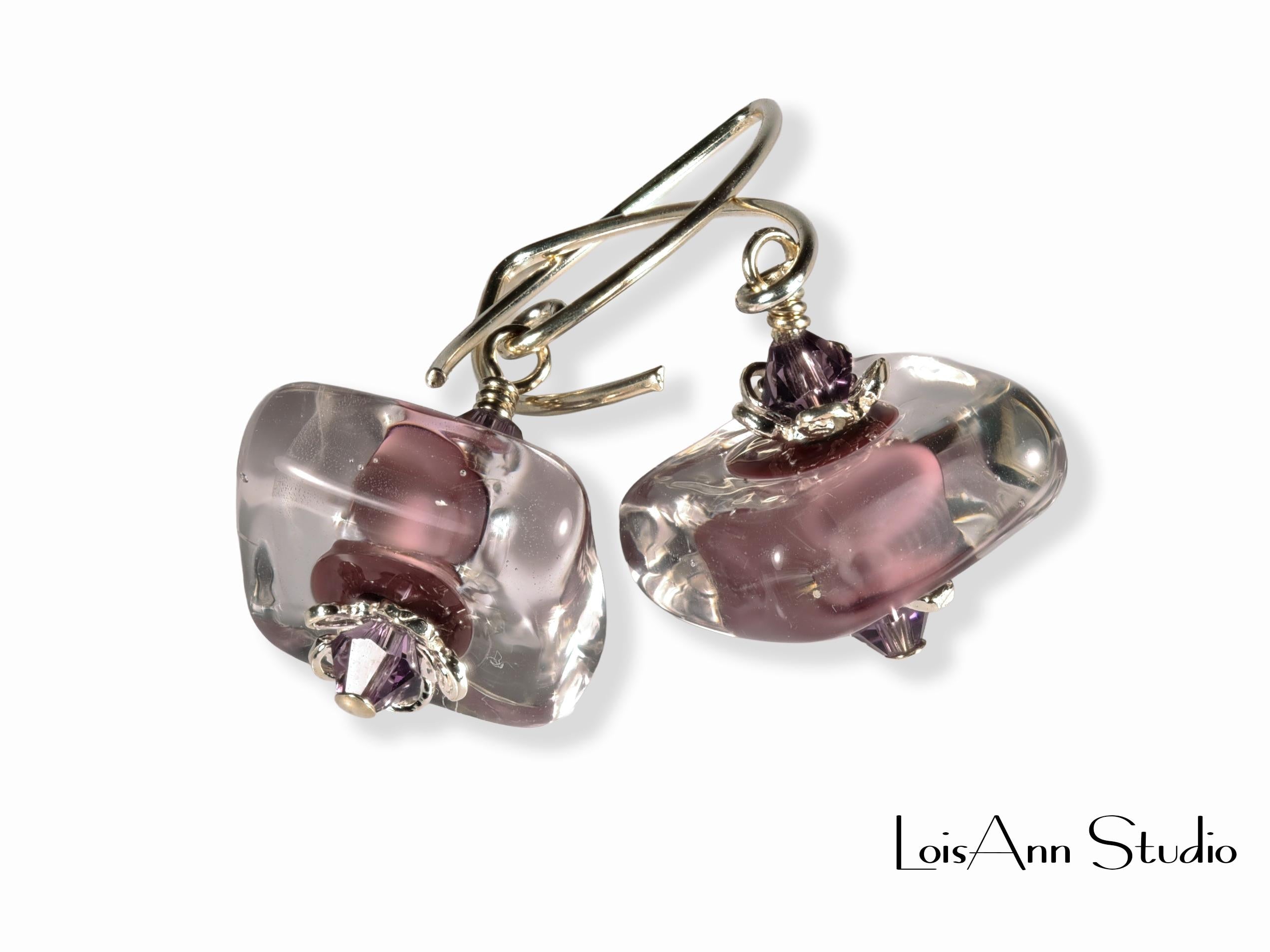 Lampwork Glass Earrings: Handmade, Lavender Artisan Beads, Sterling Silver