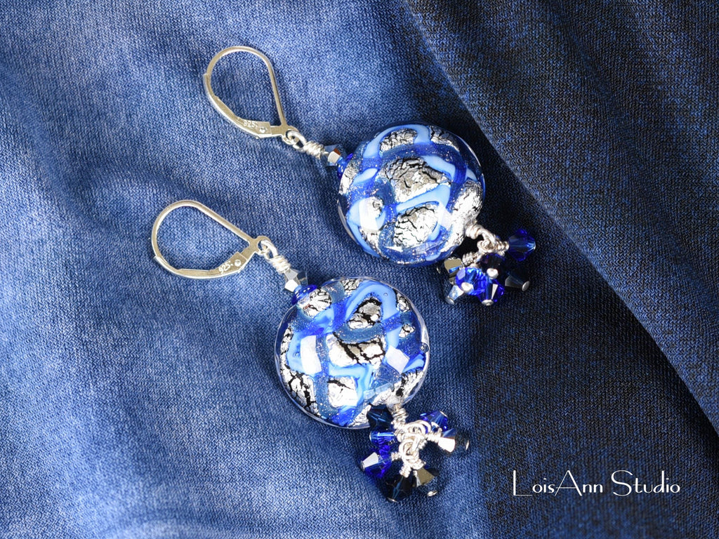 Murano Glass Beaded Earrings: Sterling Silver, Handmade, Sapphire Blue Dangles