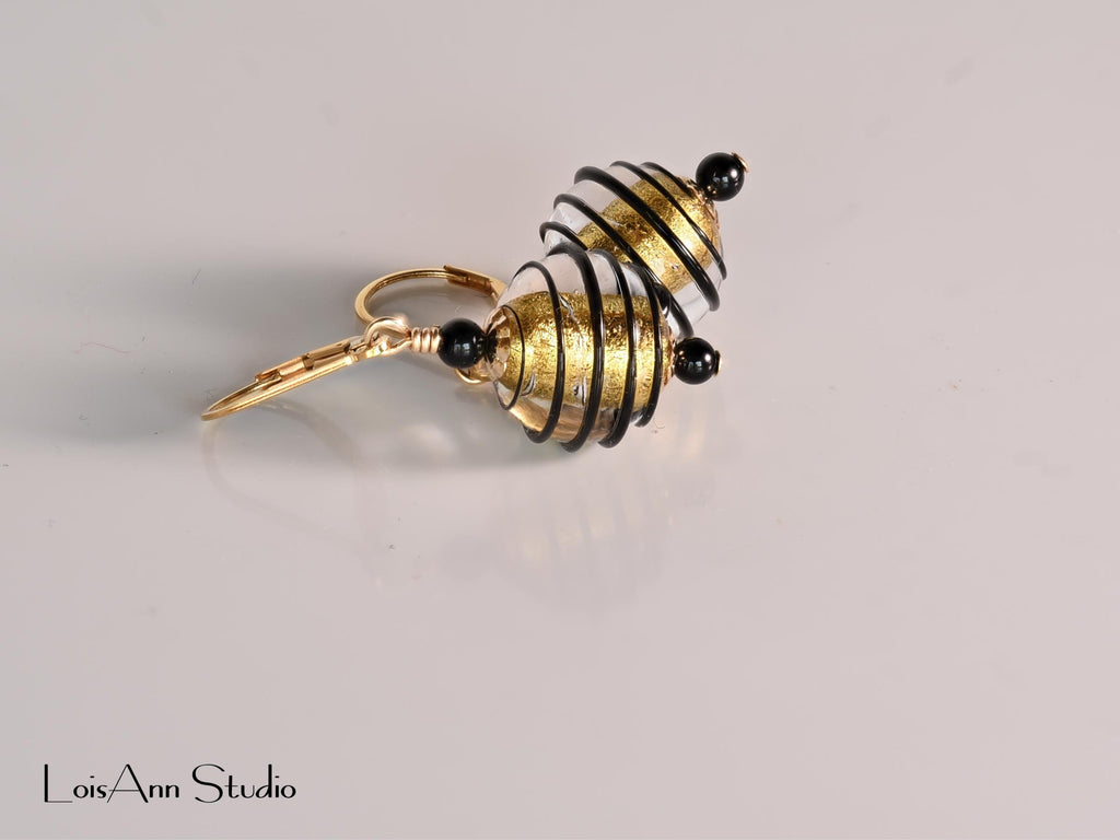 1-1/2 Inch Black and Gold Lampwork Beaded Earrings, Venetian Murano Glass