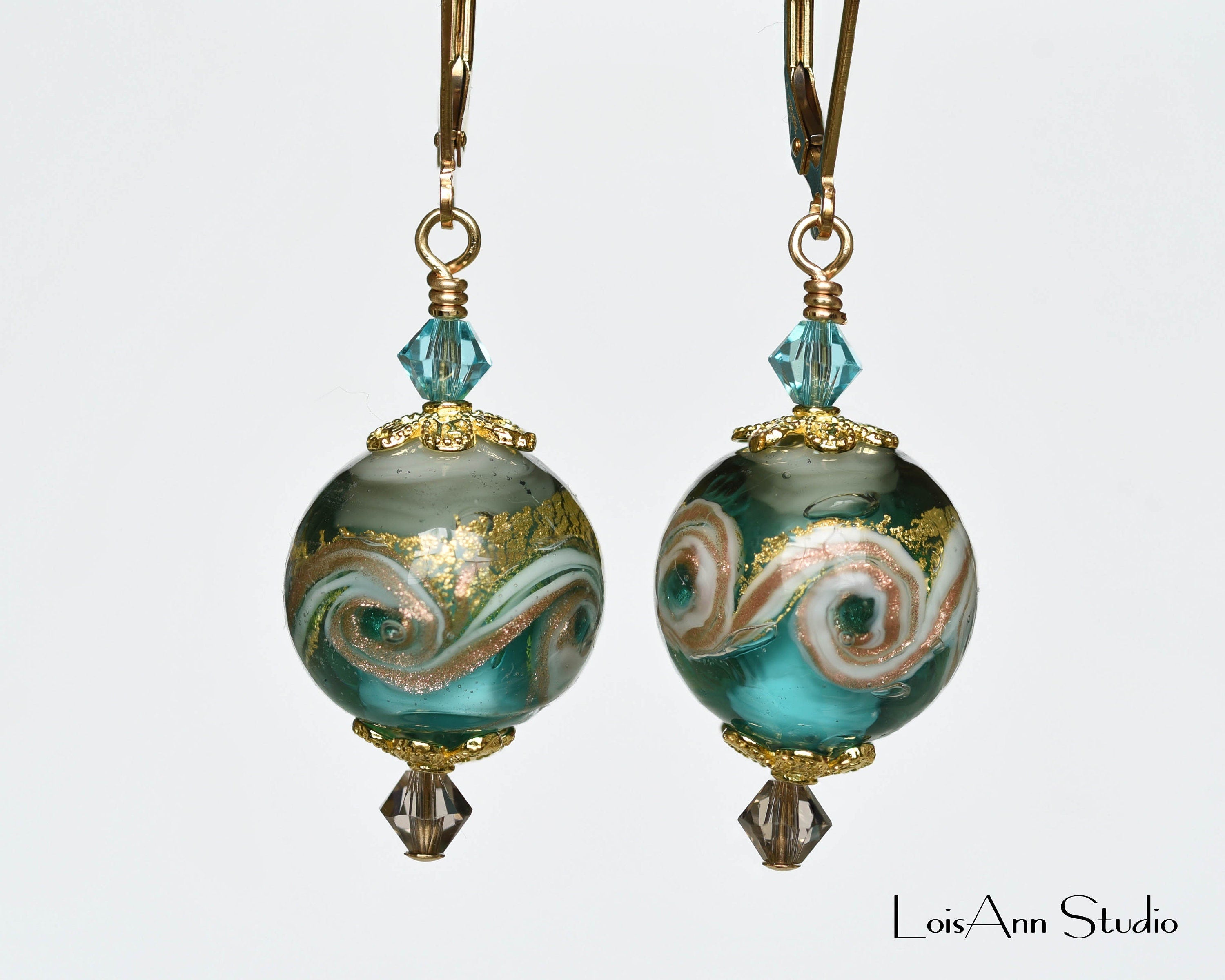 Murano Glass Lampwork Earrings: Sea Green & Smokey Gray, 14kt Gold Filled, Gift for Her