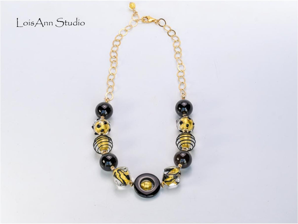 Black Murano Glass Necklace: 24kt Gold Foil, 14kt Gold Filled Chain