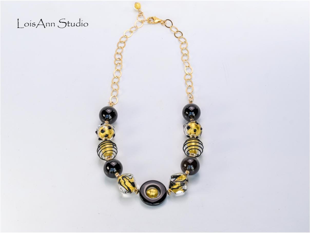 Black Murano Glass Necklace: 24kt Gold Foil, 14kt Gold Filled Chain