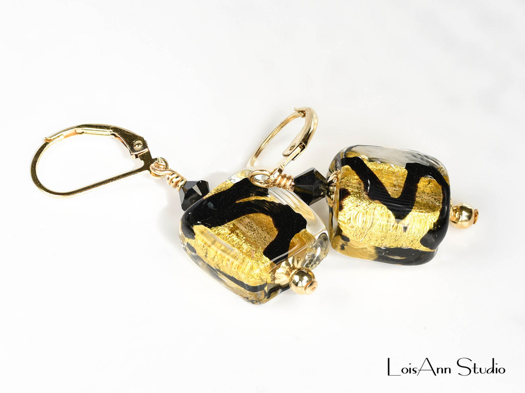 Murano Glass Earrings: 24kt Gold & Black, 14kt Gold Filled Leverbacks