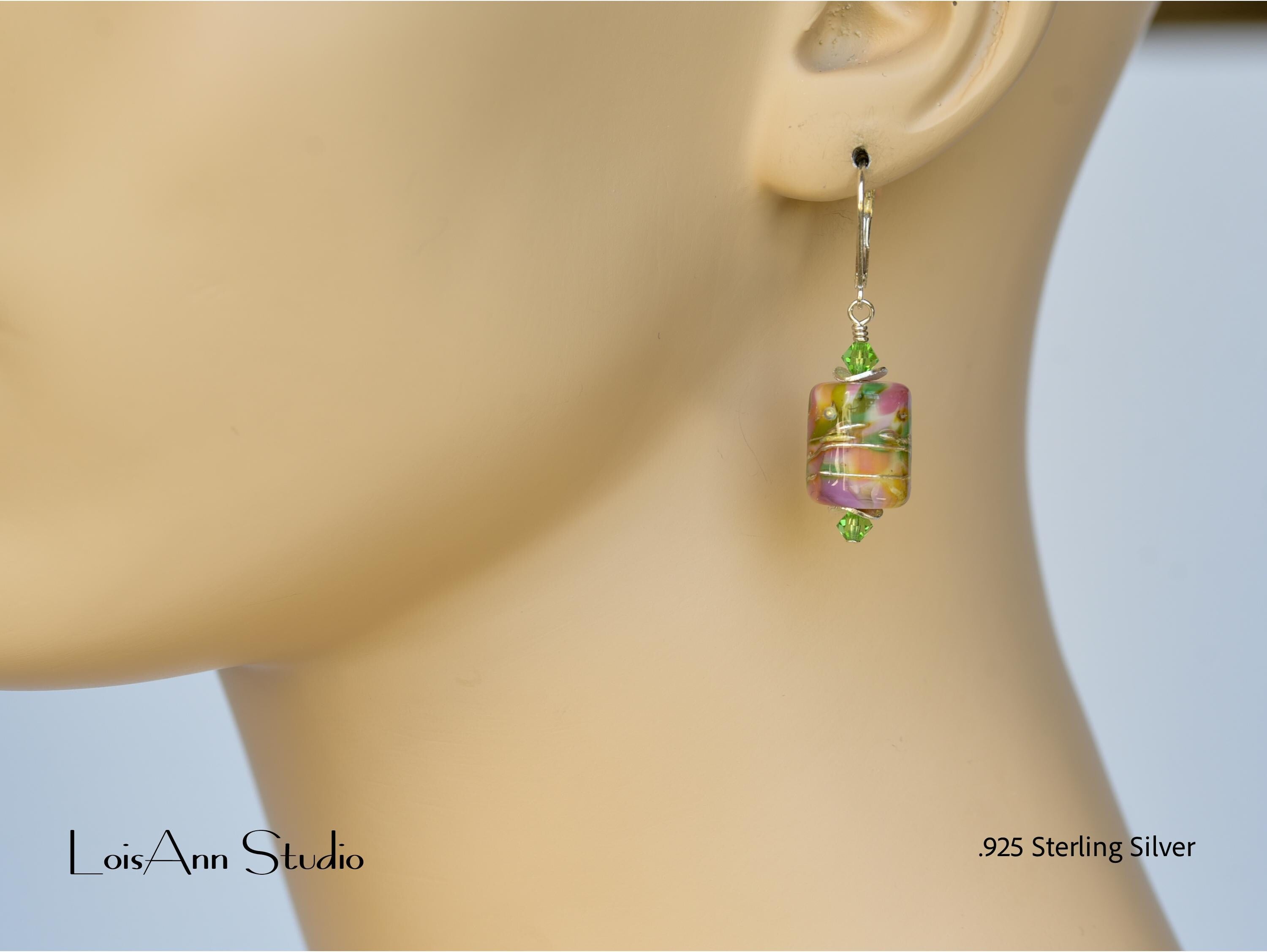 Pink & Spring Green Lampwork Earrings, Sterling Silver, Handmade
