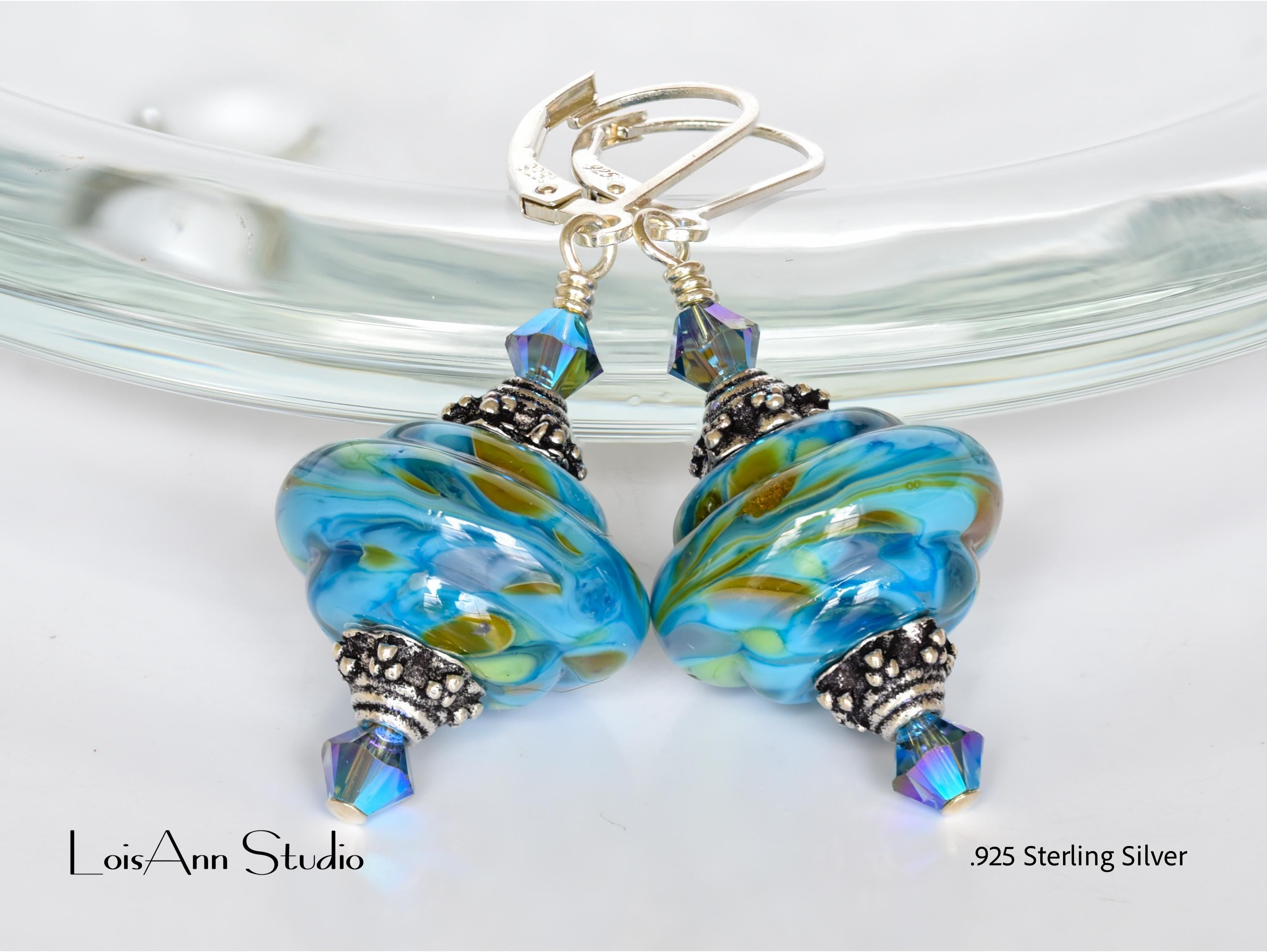 Shades of Blue OOaK Lampwork Earrings, Artisan Glass Earrings, Sterling Silver, Gift for Her