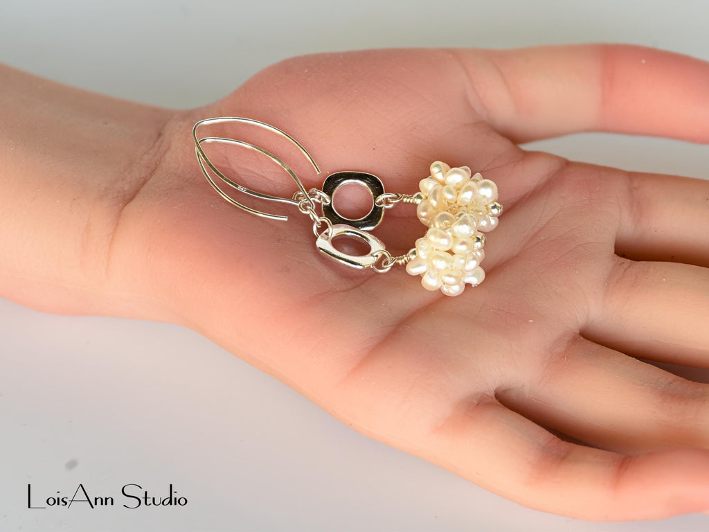 Pearl Cluster Sterling Earrings: White Freshwater Pearl Earrings, Dangling Pearl Drop Earrings, Gift for Her