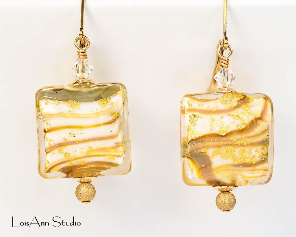 Rare Calcedonia Murano Glass 24kt Gold Foil Earrings, 14kt Gold Filled Lever Back Ear Wires for Pierced Ears, Handmade Lampwork