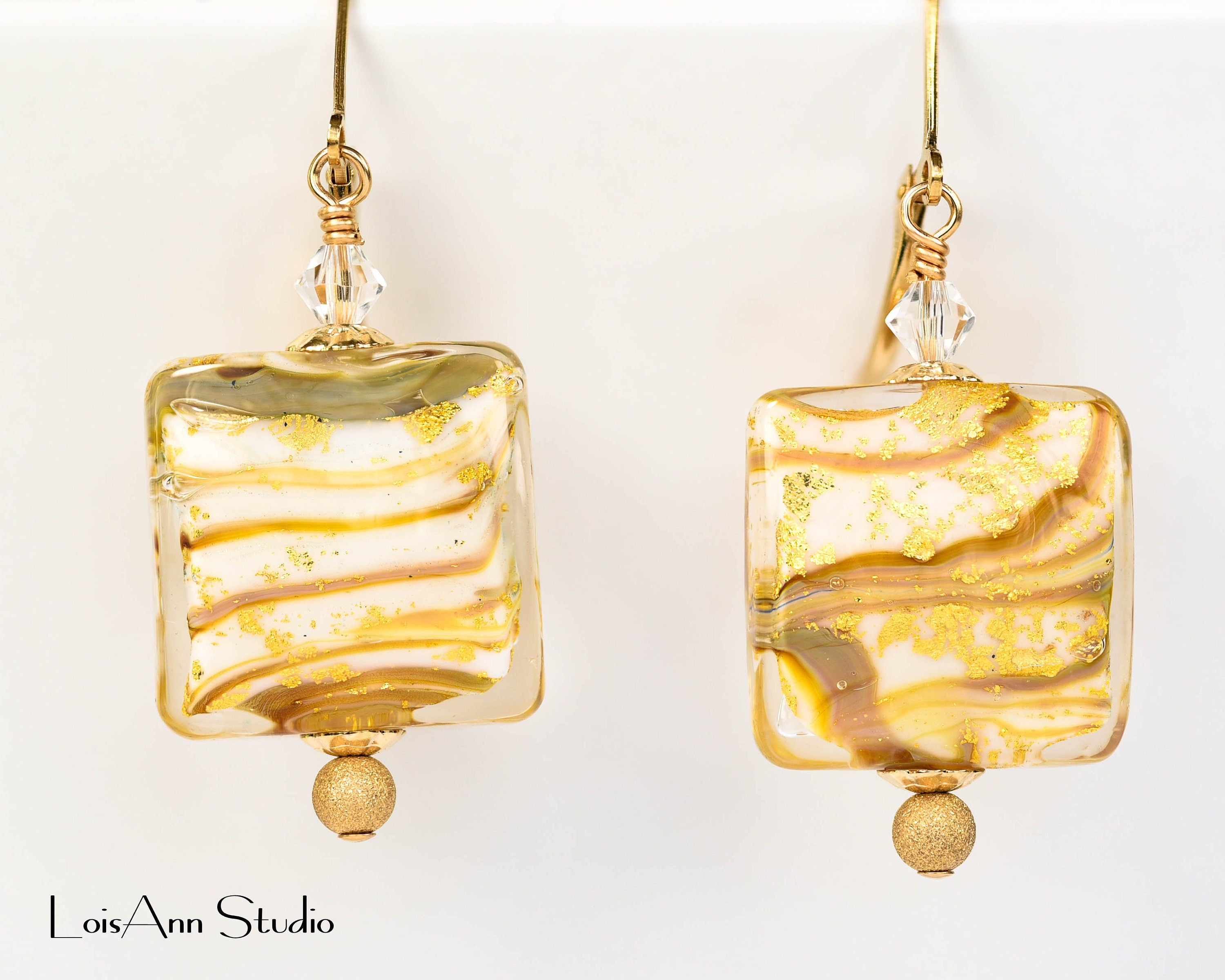 Rare Calcedonia Murano Glass 24kt Gold Foil Earrings, 14kt Gold Filled Lever Back Ear Wires for Pierced Ears, Handmade Lampwork