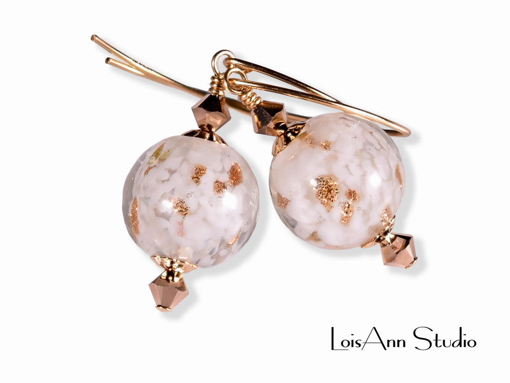 Murano Glass Beaded Earrings: White, Aventurina, 14K Gold Filled