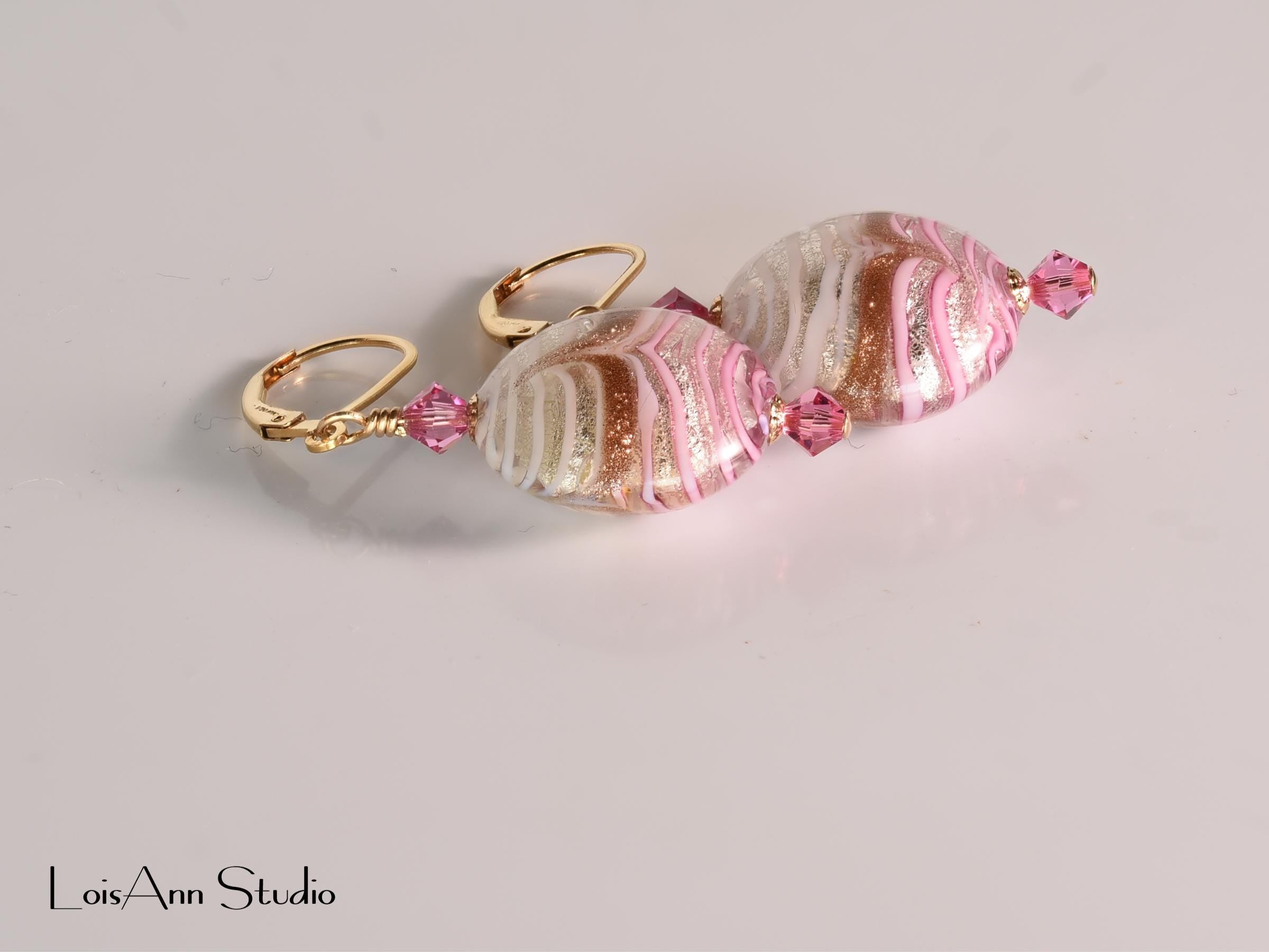 Murano Glass Earrings: Pink, Gold Foil, Aventurina, 14K Gold Filled