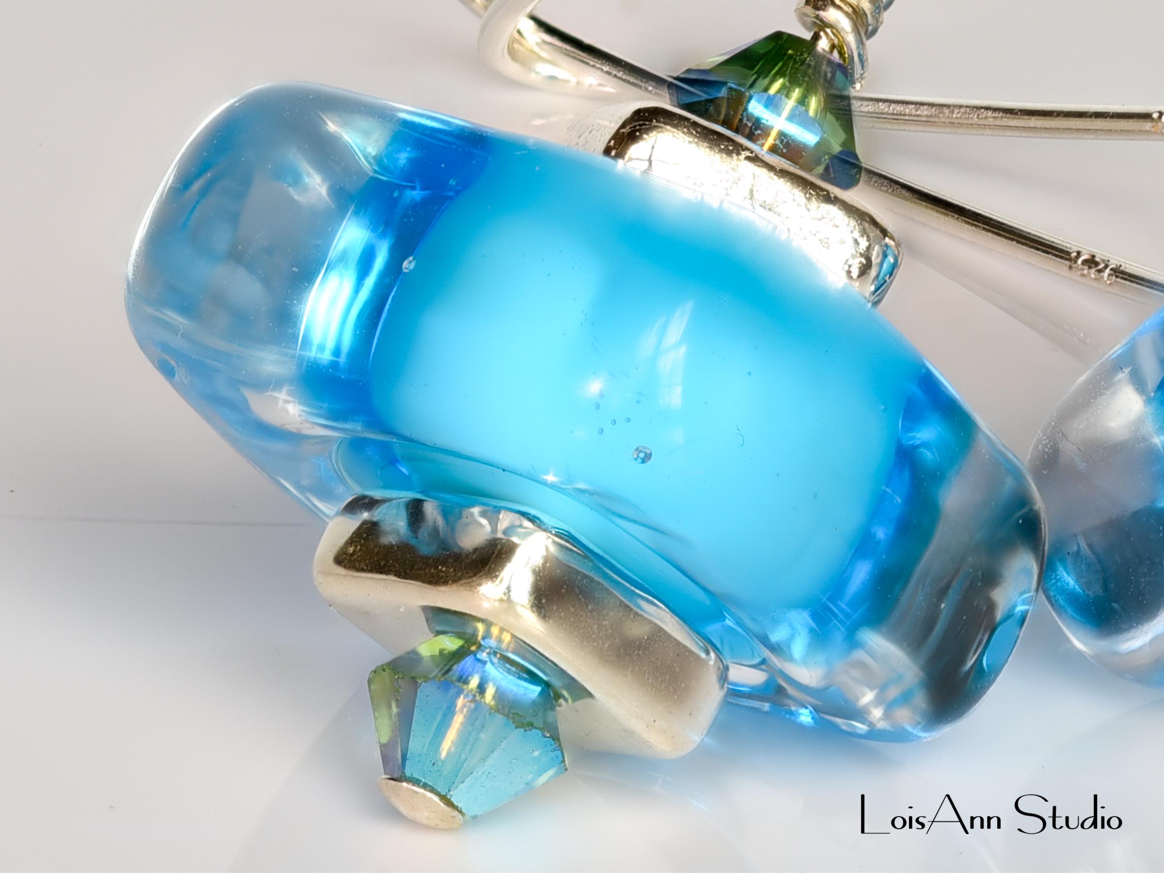 Lampwork Glass Earrings:  Electric Blue, Handmade, V Sterling Ear Wires, Gift for Her