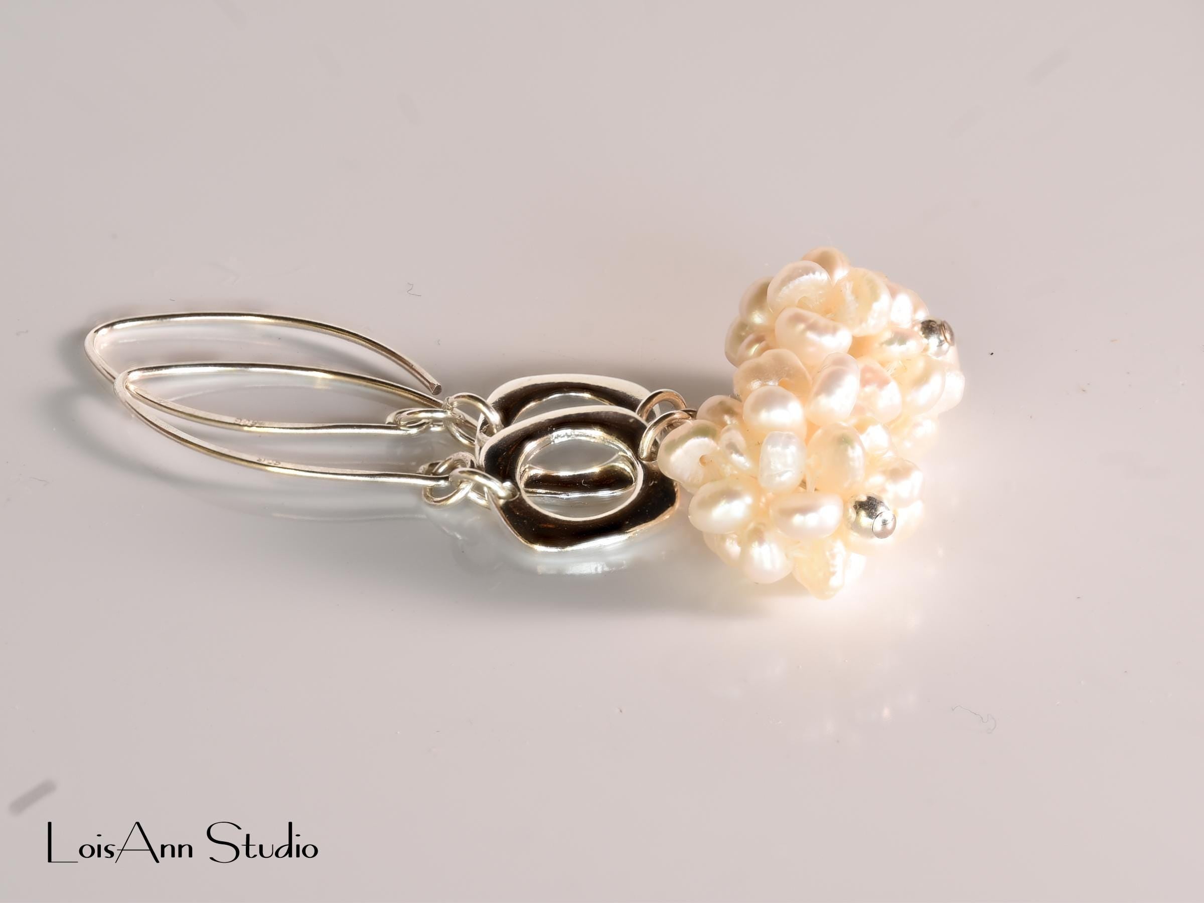 Pearl Cluster Sterling Earrings: White Freshwater Pearl Earrings, Dangling Pearl Drop Earrings, Gift for Her