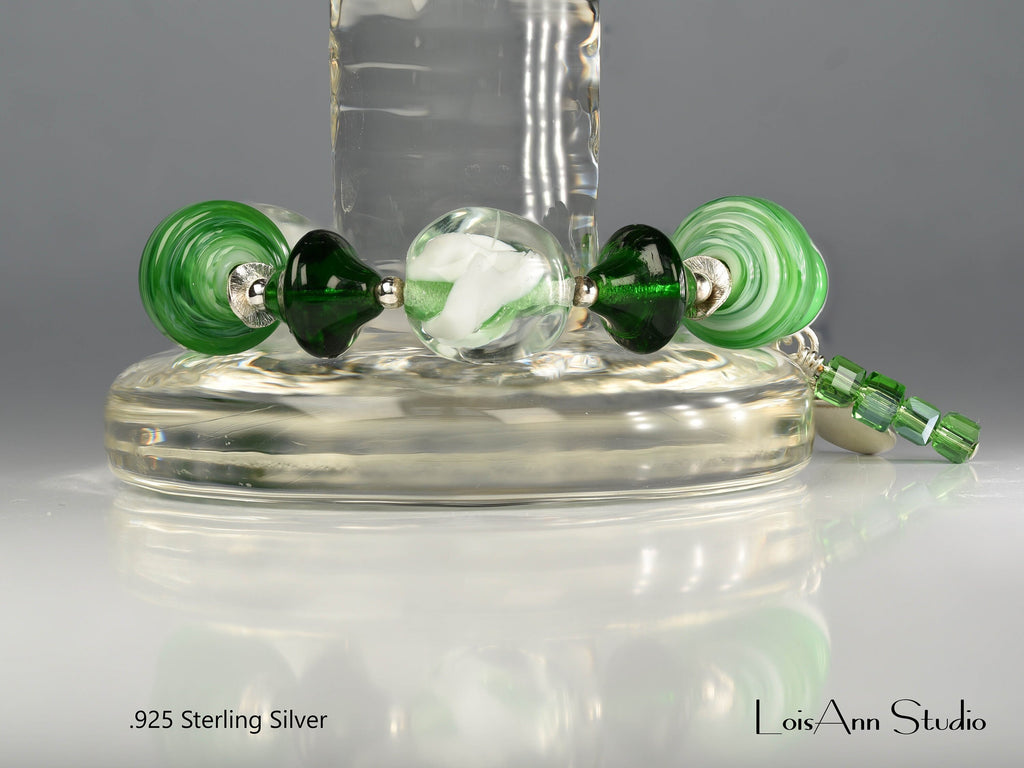 Lucky Lampwork Bracelet, Green and White, One of a Kind, St. Patrick's Day, Sterling Silver