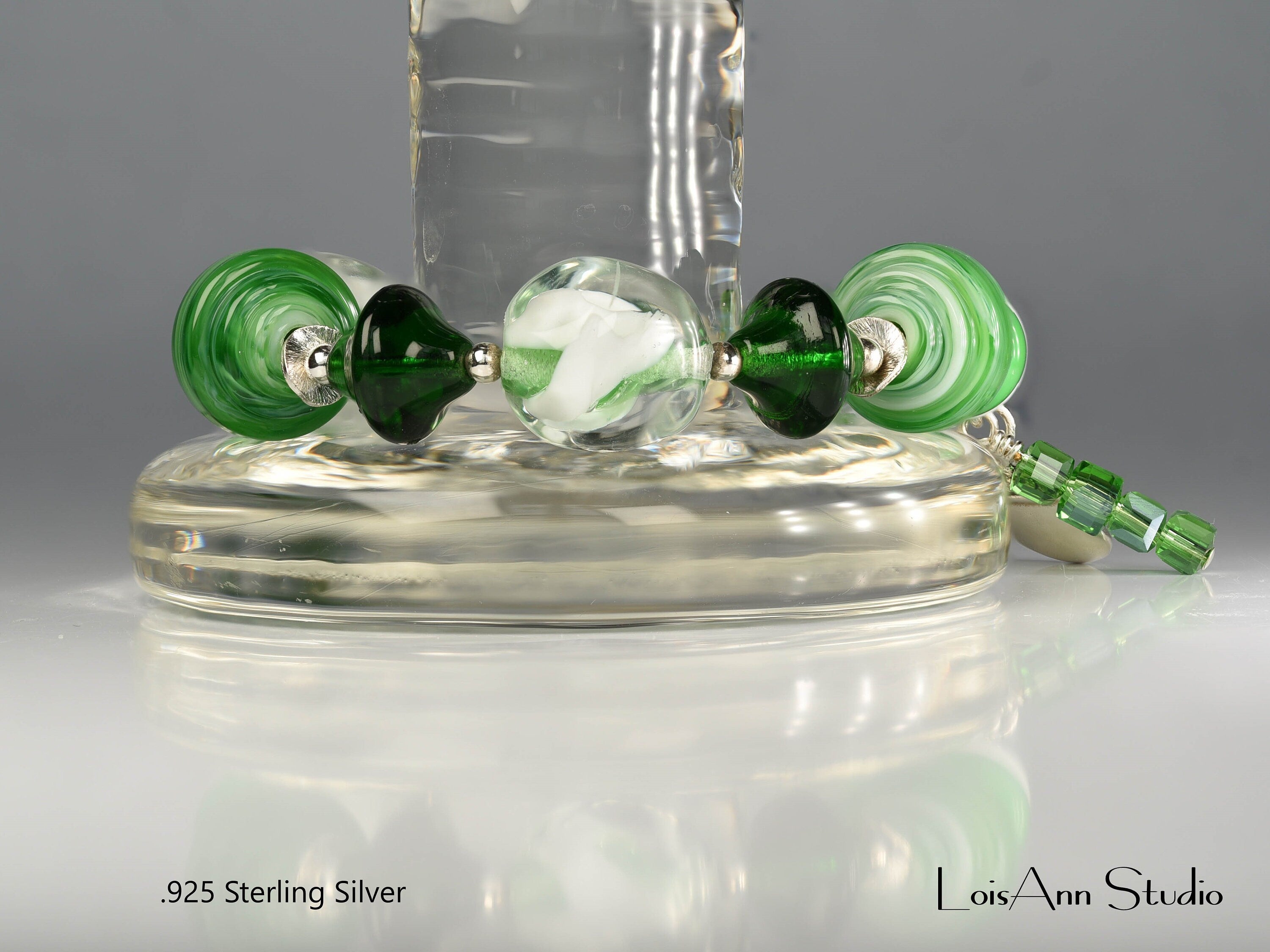 Lucky Lampwork Bracelet, Green and White, One of a Kind, St. Patrick's Day, Sterling Silver