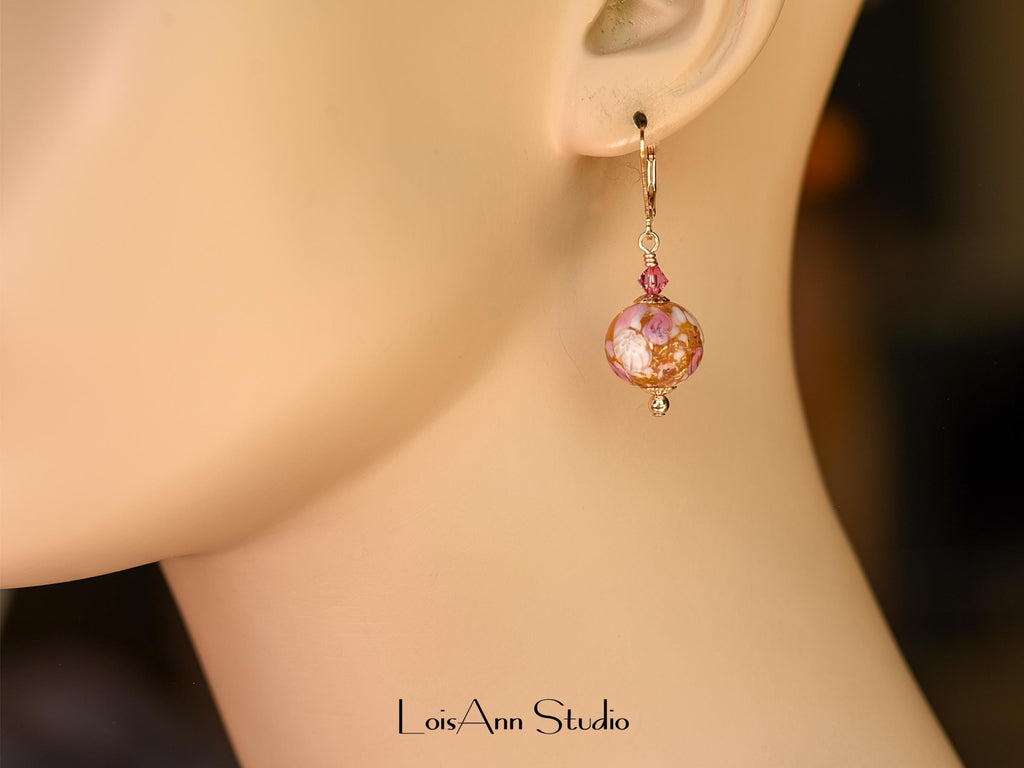 1-1/2 Inch Venetian Murano Pink Rose Earrings, 14K Gold Filled, Gift Worthy
