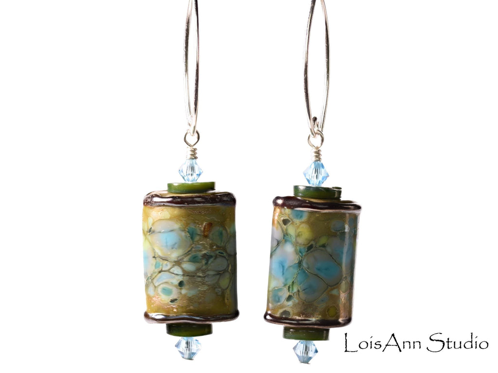 Green Lampwork Beaded Earrings:  Olive Green and Turquoise Blue, Sterling Silver