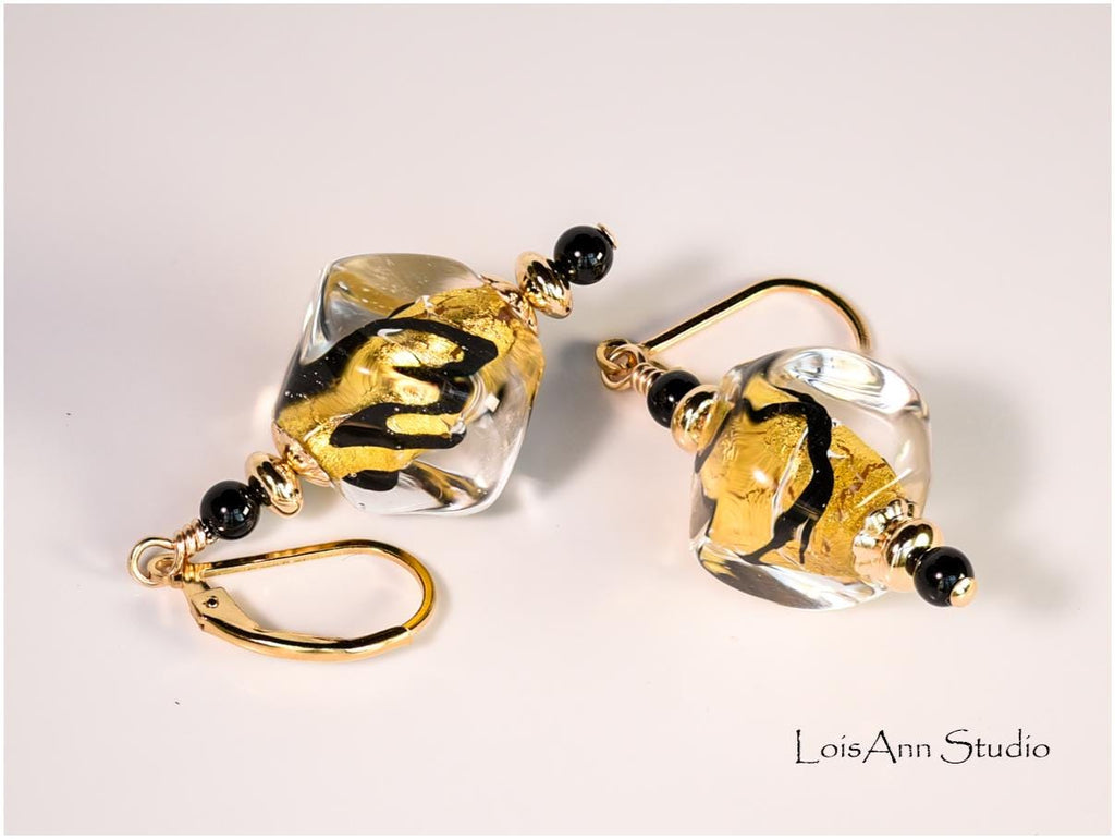 Murano Gold Foil Pebble Earrings: Lampwork Artisan Jewelry