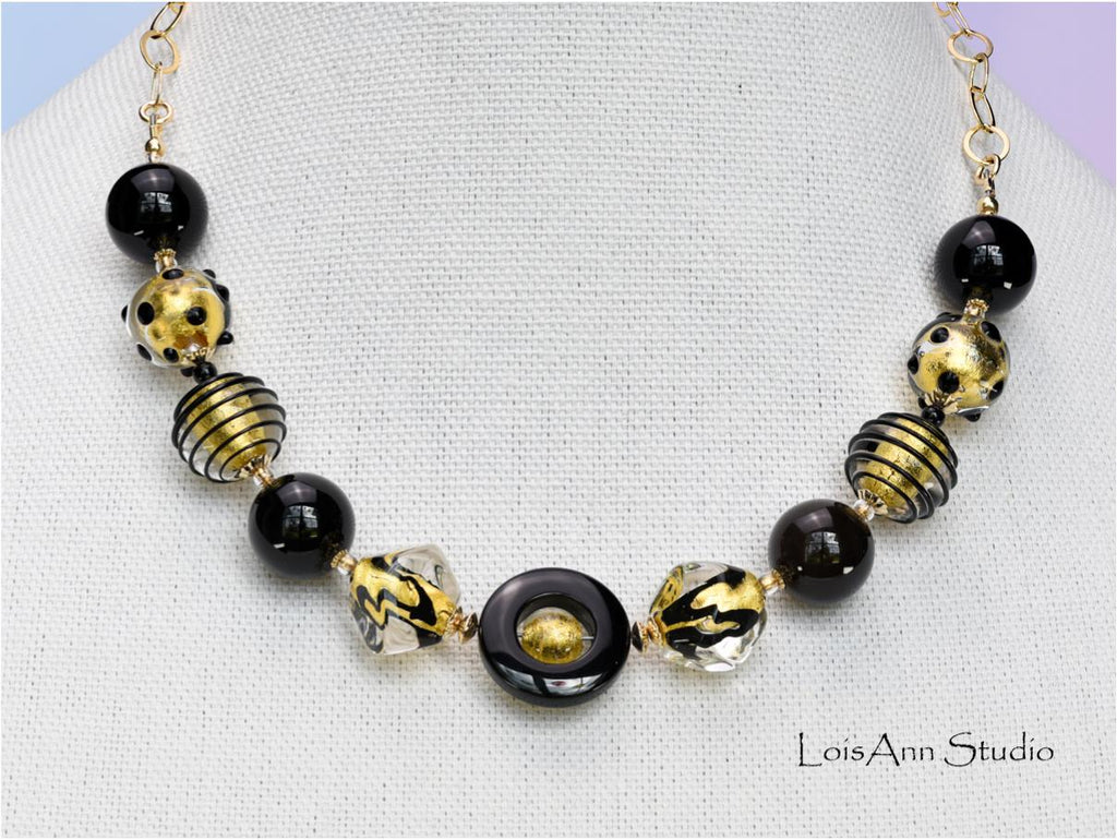 Black Murano Glass Necklace: 24kt Gold Foil, 14kt Gold Filled Chain