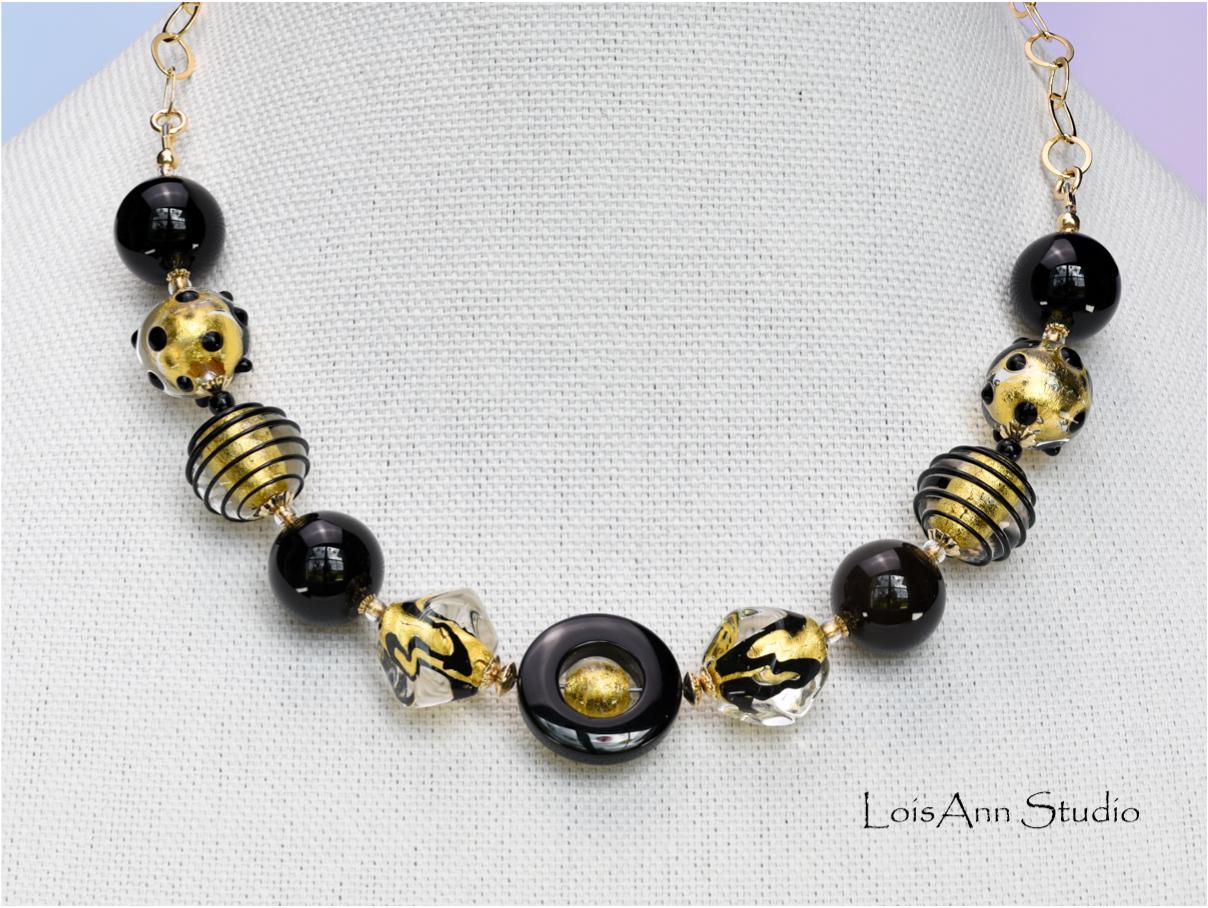 Black Murano Glass Necklace: 24kt Gold Foil, 14kt Gold Filled Chain