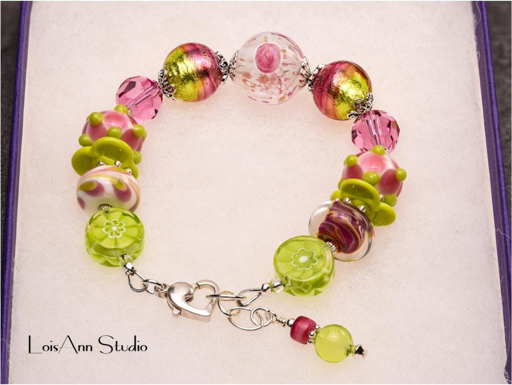 Lime Green Lampwork Glass Bracelet: Pink Murano Flower, Sterling Silver, Adjustable