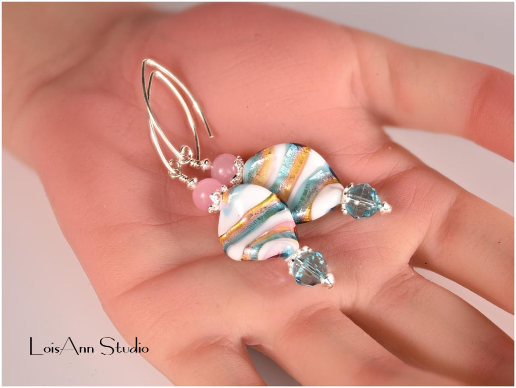 Murano Glass Earrings: Pink & Caribbean Blue, Sterling Silver, Artisan Lampwork
