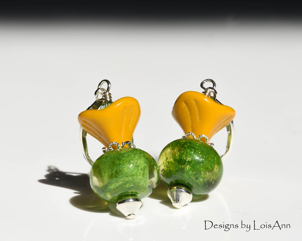 Lampwork Sterling Silver Earrings: Green Aventurine, Yellow Flower Beads